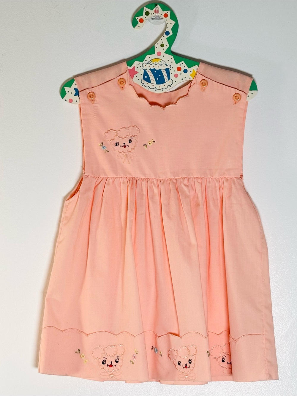 Vintage 50s 60s Pink Lamb Pinafore Dress Embroidered Scalloped Mid Century Sz